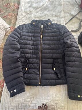 Zara Navy Quilted Puffer Jacket with Gold-Tone Hardware
